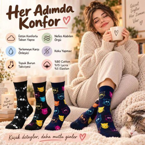 Unisex Kedi Desenli Çorap 6'lı Set Pamuklu Renkli Uzun Soket Dikişsiz Nefes Alan Rahat Günlük Çorap