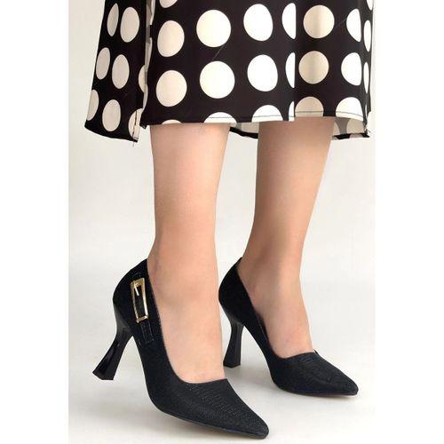 Cerin Siyah Saten Simli Topuklu Ayakkabı