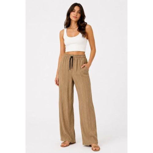2li Bürümcük Kumaş Beli Lastikli Bağcıklı Bol Paça Pantolon - Beyaz/Vizon