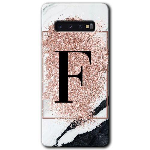 MRCİLETİSİM MRCİLETİSİM Samsung Galaxy S10 Kılıf HD Desen Baskılı Arka Kapak + Temperli Cam - Pembe Mermer Desenli F Harfi