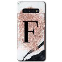 MRCİLETİSİM MRCİLETİSİM Samsung Galaxy S10 Kılıf HD Desen Baskılı Arka Kapak + Temperli Cam - Pembe Mermer Desenli F Harfi