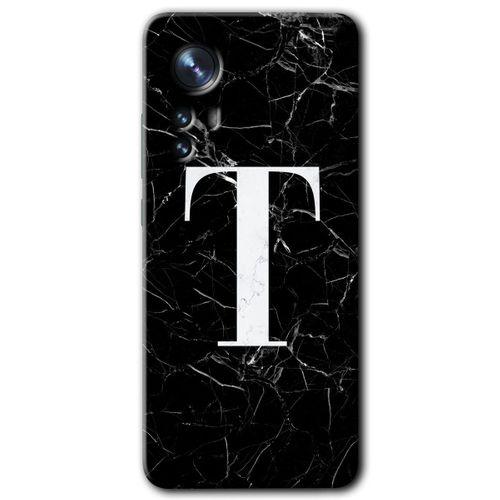 MRCİLETİSİM Xiaomi Mi 12 Pro Kılıf HD Desen Baskılı Arka Kapak + Temperli Cam - Siyah Mermer Desenli T Harfi