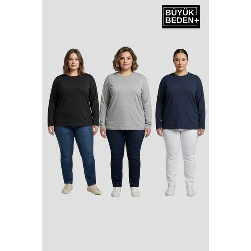 Kadın Büyük Beden 3 lü Set Uzun Kollu 2 İplik Bisiklet Yaka Tişört SPR26BEA942+2