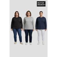 Kadın Büyük Beden 3 lü Set Uzun Kollu 2 İplik Bisiklet Yaka Tişört SPR26BEA942+2