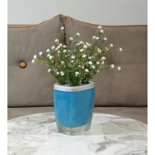 2 Adet Vazo Dahil,Vazoda Çiçek,Beyaz Yapay Çiçek,Vazo Dekoratif Gri Mavi Poliresin 8X4X16Cm