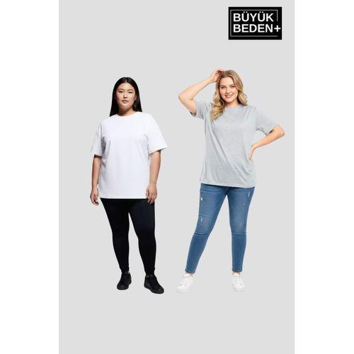 Büyük Beden Kadın  Basic Bisiklet Yaka 2 li Tişört Seti SPR26BTSK510+2