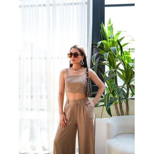 Keten Gi̇peli̇ Crop Ve Pantolon İki̇li̇ Takim