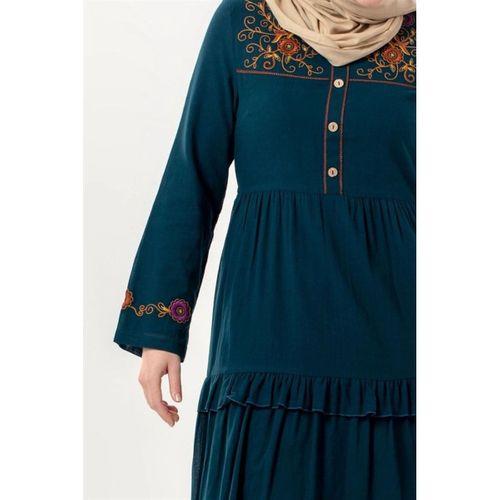 Uzun Kol Zeynep Bisiklet Yaka Nakışlı Uzun Vual Elbise Petrol Ptrl