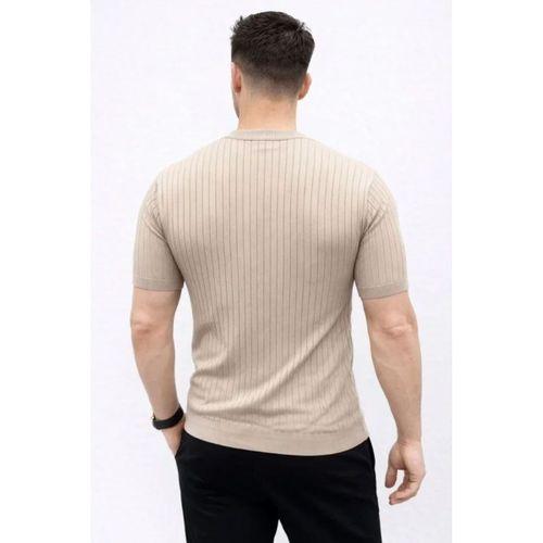 Erkek Kısa Kol Fitilli Triko T-Shirt Yazlık Hakim Yaka Tişört - Bej