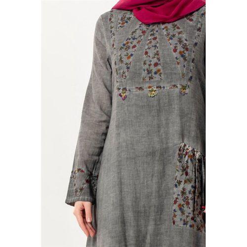 Uzun Kol Sultan Tek Cepli Yazlık Uzun Poplin Elbise Füme Fm