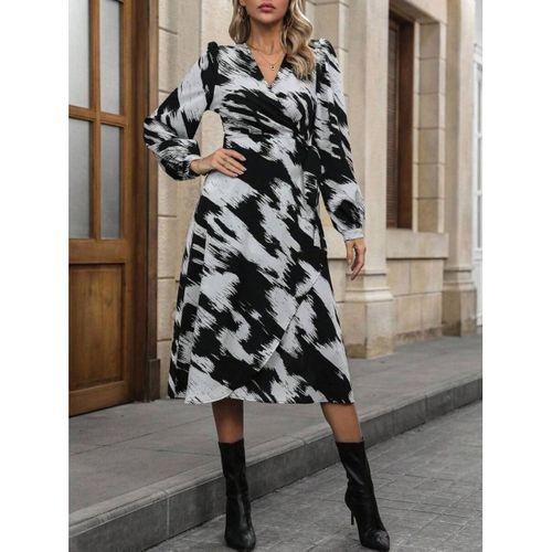 Kadın Uzun Kollu Kruvaze Yakalı Yandan Bağlamalı Desenli Mini Modal Elbise