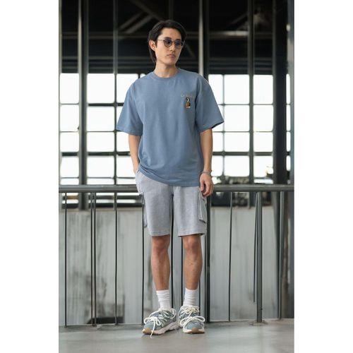 Cep Baskılı İki İplik Kumaş Pamuklu Oversize Erkek T-Shirt - Soğuk Mavi