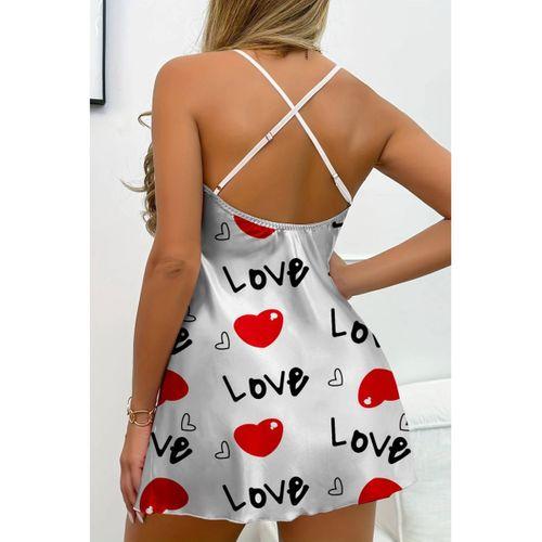 Love Desenli Beyaz Saten Gecelik