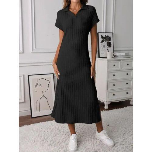 Kadın Kısa Kollu Yakalı Yandan Yırtmaçlı Kalın Fitilli Kaşkorse Elbise