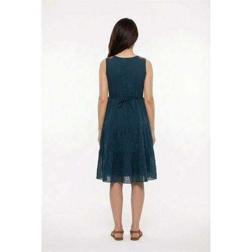 Kolsuz Mina Nakış Detaylı Bağcıklı Yaka Yazlık Vual Elbise Petrol Ptrl