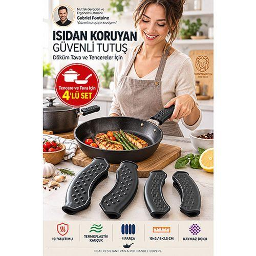 Silikon Yanmaz Isıya Dayanıklı Döküm Tava Tencere Kulpu Tutacağı 4lü Takım 723719