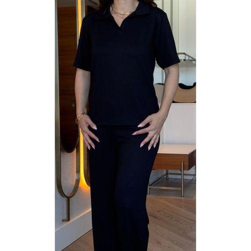 Kadın Kısa Kollu Yakalı Viskon Iki Iplik Bluz Ve Pantolon Ikili Takım