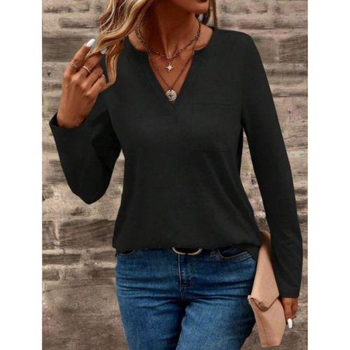 Kadın Uzun Kollu Cepli V Yakalı Viskon Iki Iplik Bluz