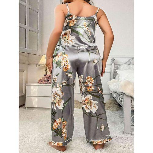 Büyük Beden Çiçek Desenli İnce Askılı Gri 2'li Takım