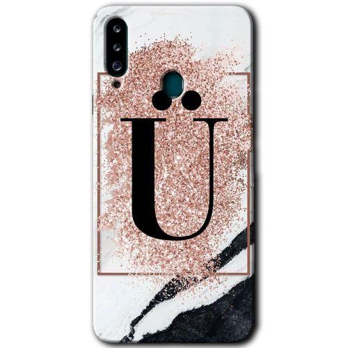 Samsung Galaxy A20s Kılıf HD Desen Baskılı Arka Kapak - Pembe Mermer Desenli Ü Harfi
