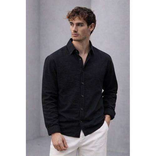 Pera Kumaş Keten Görünümlü Yarım Oversize Uzun kollu Erkek Gömlek - Siyah