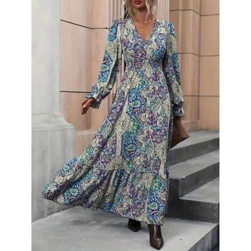 Kadın Uzun Kollu Kruvaze Yakalı Desenli Süprem Maxi Elbise