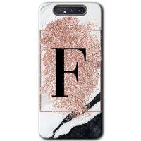 Galaxy A80 Kılıf HD Desen Baskılı Arka Kapak - Pembe Mermer Desenli F Harfi