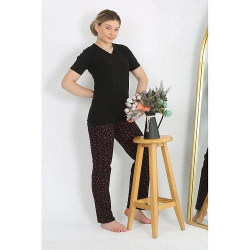 Kadın Kısa Kol Pamuk Penye Pijama Takım Siyah