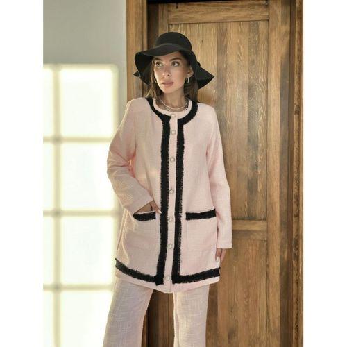Pembe Siyah Şeritli Yakasız Ceket Ve Pantolon Takım