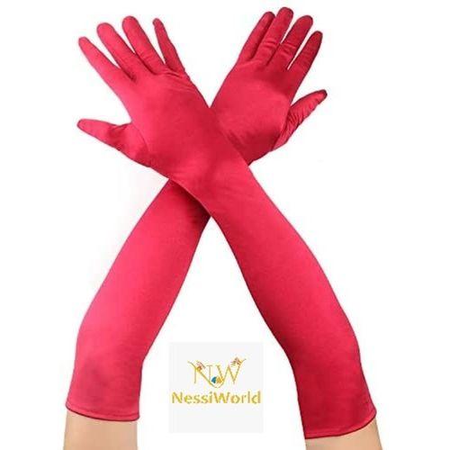 Kırmızı Renk Dirseğe Kadar Uzun Kumaş Eldiven 40 cm