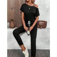 Kadın Tek Omuzdan Açık Viskon Iki Iplik Bluz Bağcıklı Pantolon Ikili Takım