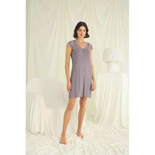 Kolu Omzu Ve Yakası Dantelli Önü Düğmeli Gecelik