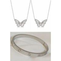 2'Lİ Set - Zirkon Taşlı Kelebek Bayan Çelik Kolye, Kartier Alaşım Bileklik Gümüş Renk SNJ-SET1007