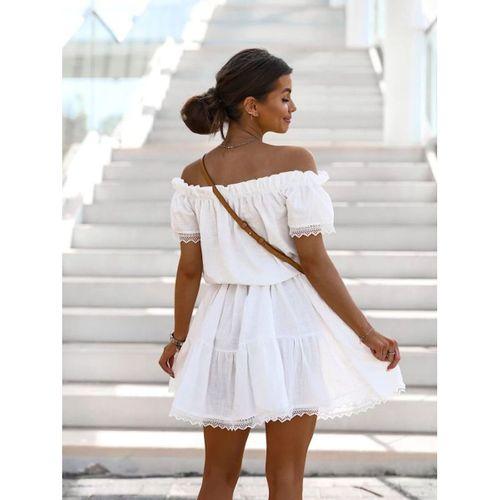 Kadın Dantel Detaylı Madonna Yaka Beli Kuşaklı Keten Kumaş Elbise