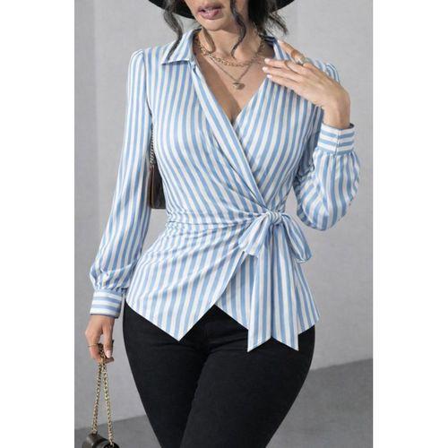 Kadın çizgili Kruvaze Bağlamalı Gömlek