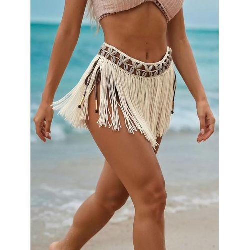 Ekru Bikini Üstü Deniz Kabuklu Püsküllü Pareo,beachwear,bikini Üstü El Emeği Plaj Eteği,bohem Etek