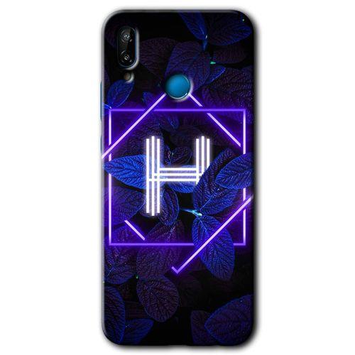 MRCİLETİSİM Huawei P20 Lite Kılıf HD Desen Baskılı Arka Kapak + Temperli Cam - Dark Neon Yaprak H Harfi