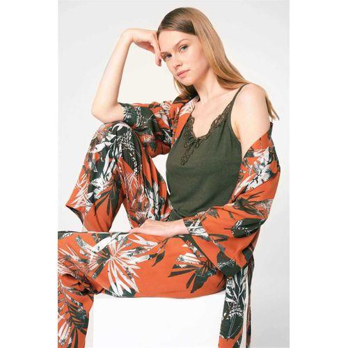 İp Askılı V Yaka Viskon Çiçek Desenli Kışlık Örme Normal Bel Nakış Detaylı Pijama Takımı Sabahlık