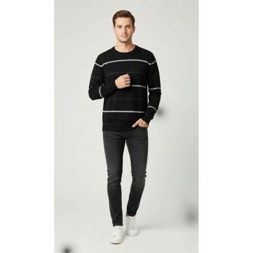 Erkek Bisiklet Yaka Cizgili Triko Kazak Yumuşak Dokulu Pamuklu Ince Dokuma, Uzun Kollu Rahat Regular Kalıp - Siyah