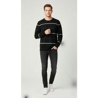 Erkek Bisiklet Yaka Cizgili Triko Kazak Yumuşak Dokulu Pamuklu Ince Dokuma, Uzun Kollu Rahat Regular Kalıp - Siyah