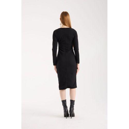 Kadın Bisiklet Yaka Uzun Kollu Deri Ve Fermuar Detay Mini Yırtmaçlı Elbise