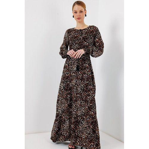 2145 Desenli Tesettür Elbise - C. Kahverengi