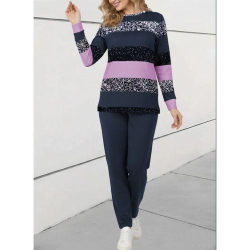 Kadın Uzun Kollu Bisiklet Yaka çizgili Desen Iki Iplik Bluz Ve Pantolon Ikili Takım