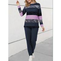 Kadın Uzun Kollu Bisiklet Yaka çizgili Desen Iki Iplik Bluz Ve Pantolon Ikili Takım