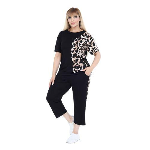 Melsay Butik Siyah Kısa Kol Yarım Kaplan Desen Viskon Kapri Takım