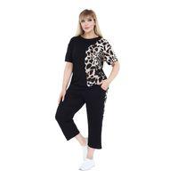 Melsay Butik Siyah Kısa Kol Yarım Kaplan Desen Viskon Kapri Takım