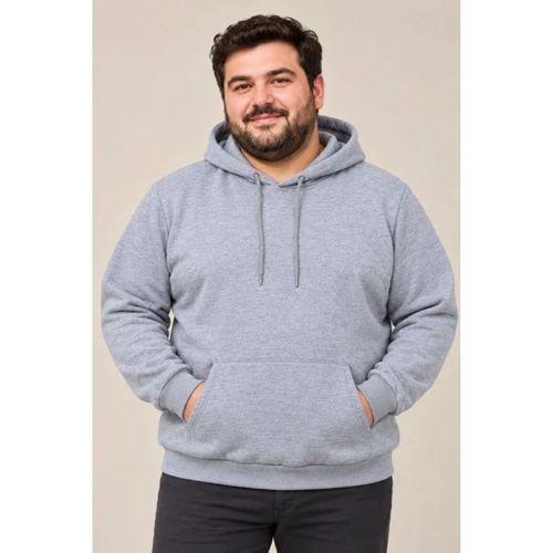 Erkek Battal Büyük Beden Üç İplik İçi Şardonlu Kapüşonlu Kanguru Cepli Kışlık Sweatshirt - Gri