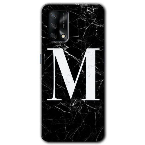 OPPO Oppo A74 Kılıf HD Desen Baskılı Arka Kapak + Temperli Cam - Siyah Mermer Desenli M Harfi