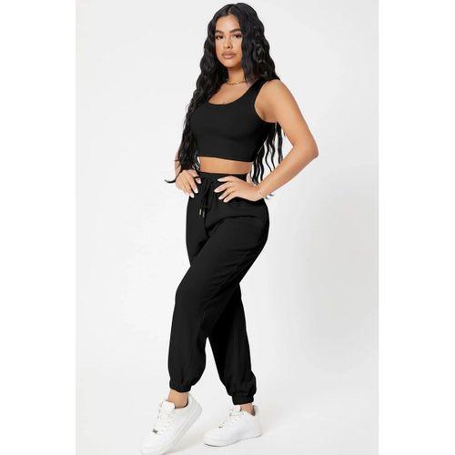 Kadın Siyah Premium Görünümlü Kaşkorse Cepli Jogger Eşofman Altı Ve Crop Top Bluz Takımı