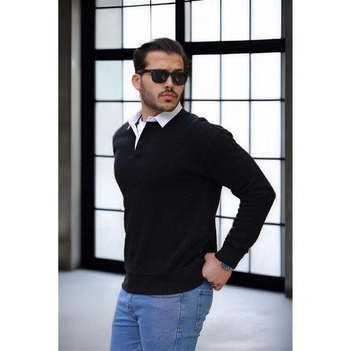 Polo Yaka Selanik Örme Kumaş Erkek Sweatshirt - Siyah